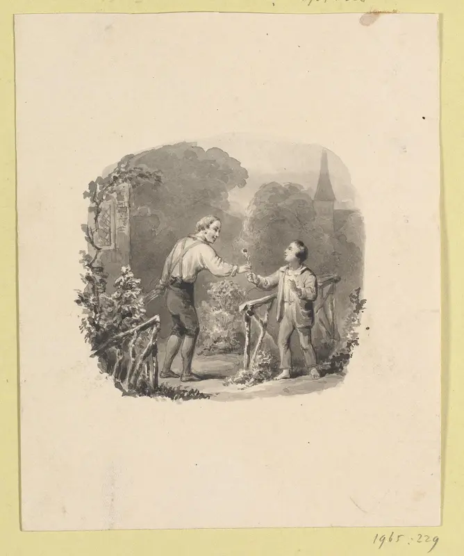 Jongen krijgt een bloem van een tuinierende man Wall Art by Johann Wilhelm Kaiser (I) - High-Resolution Digital Print