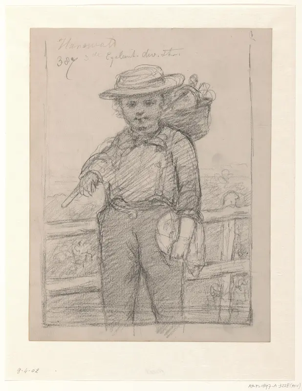 Jongen met een mand aan een stok over de schouder Wall Art by Hendrik Valkenburg - High-Resolution Digital Print