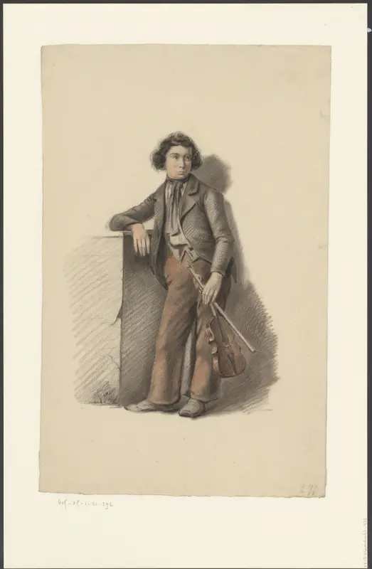 Jongen met viool leunt tegen een muurtje Wall Art by anonymous - High-Resolution Digital Print