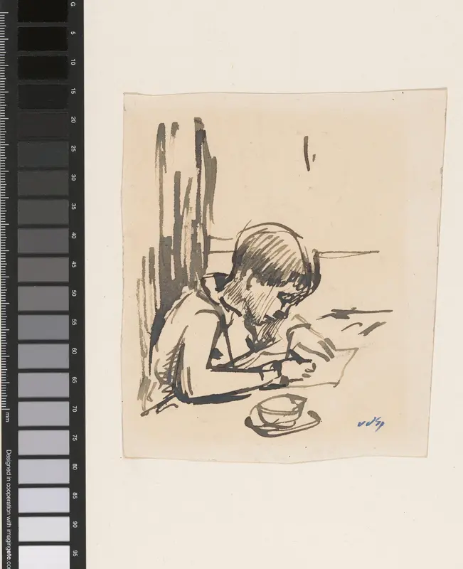 Jongen schrijvend aan een tafel Wall Art by Unknown - High-Resolution Digital Print