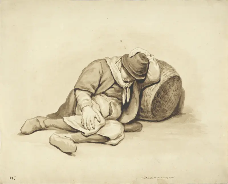 Jongen slapend tegen een vismand Wall Art by Pieter van Loon - High-Resolution Digital Print