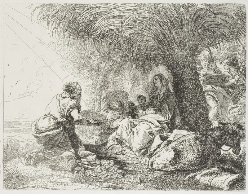 Joseph Adoring the Child While Two Angels Sing, plate nineteen from The Flight into Egypt Wall Art by Giovanni Domenico Tiepolo - High-Resolution Digital Print