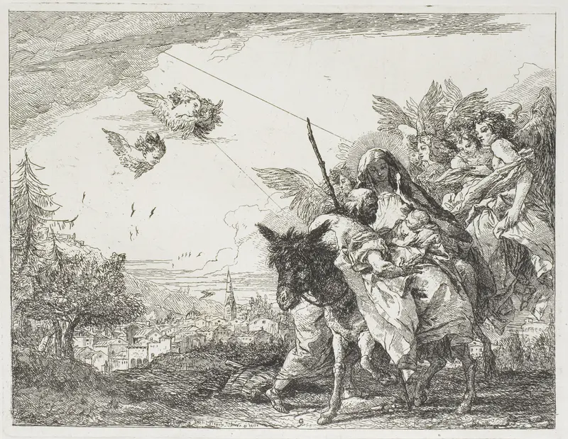 Joseph Adoring the Child, who is Held in Mary's Arms, plate nine from The Flight into Egypt Wall Art by Giovanni Domenico Tiepolo - High-Resolution Digital Print