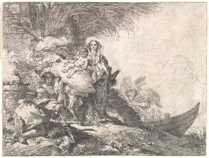 Joseph Adoring the Christ Child near a Smoking Altar, from the Flight into Egypt Wall Art by Giovanni Domenico Tiepolo - High-Resolution Digital Print