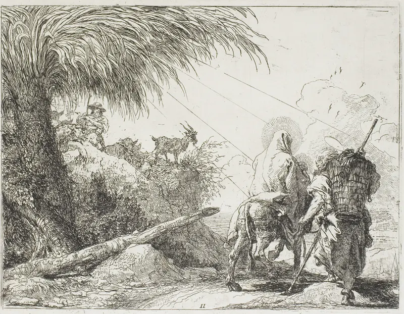 Joseph and Mary Passing a Shepherd and His Flock, plate eleven from The Flight into Egypt Wall Art by Giovanni Domenico Tiepolo - High-Resolution Digital Print