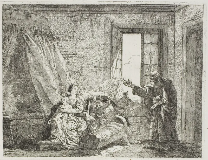 Joseph Tells Mary of Their Forthcoming Departure, plate four from The Flight into Egypt Wall Art by Giovanni Domenico Tiepolo - High-Resolution Digital Print