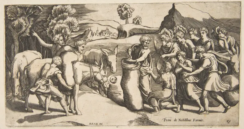 Joseph's cup being discovered in Benjamin's sack of grain Wall Art by Monogrammist PVO - High-Resolution Digital Print