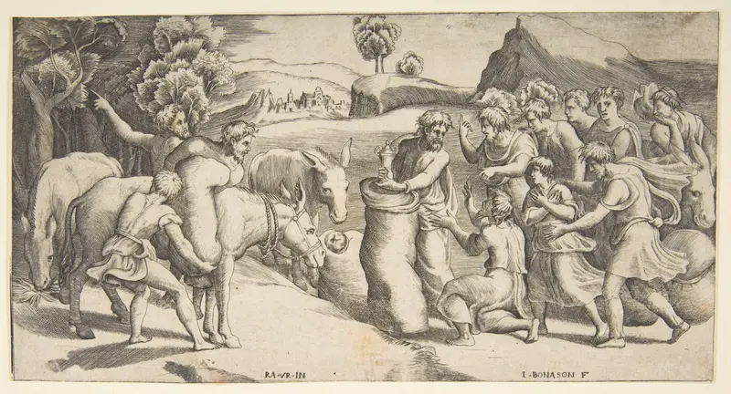 Joseph's cup being discovered in Benjamin's sack of grain Wall Art by Giulio Bonasone - High-Resolution Digital Print