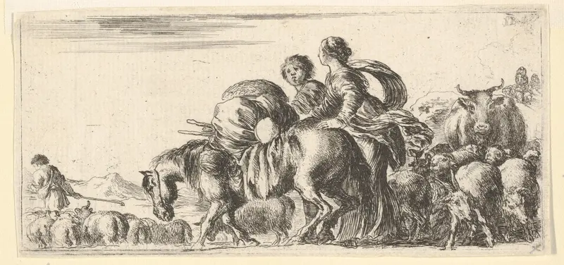 Journey of Jacob and Rachel to the land of Canaan, Rachel directs a horse towards the left, various other animals follow Wall Art by Stefano della Bella - High-Resolution Digital Print
