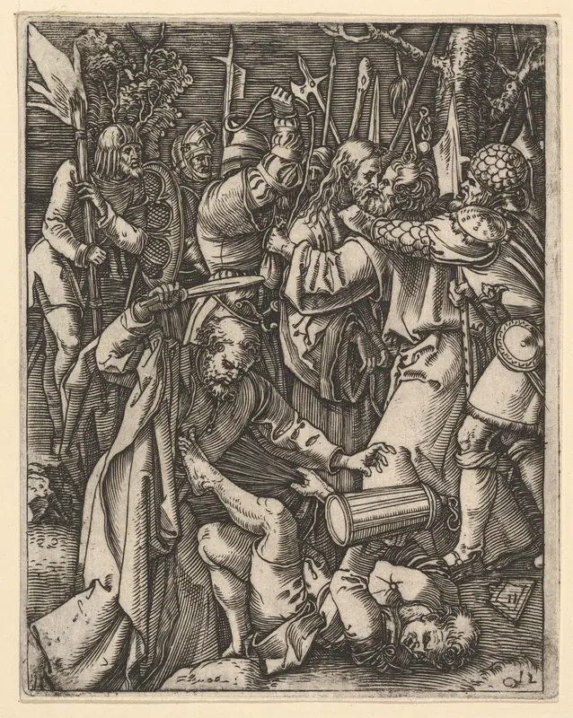 Judas kissing Christ surrounded by soldiers; St Peter attacking Malchus in foreground, from "The Passion of Christ", after Dürer