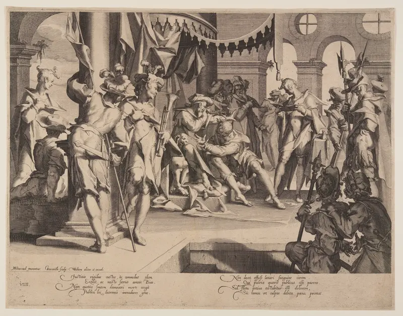 Judge Bias Shedding Tears, plate 9 from Thrones of Justice (Thronus Iustitiae) Wall Art by Willem van Swanenburgh - High-Resolution Digital Print