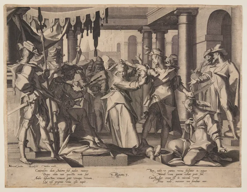 Judgment of Solomon, plate 2 from Thrones of Justice (Thronus Iustitiae) Wall Art by Willem van Swanenburgh - High-Resolution Digital Print