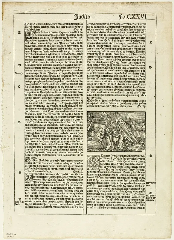 Judith and Her Maid Placing the Head of Holofernes in a Bag from Biblia latina, plate six from Woodcuts from Books of the XVI Century
