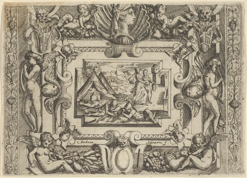 Judith and maidservant with the head of Holofernes, set within an elaborate frame Wall Art by Battista Angolo del Moro - High-Resolution Digital Print