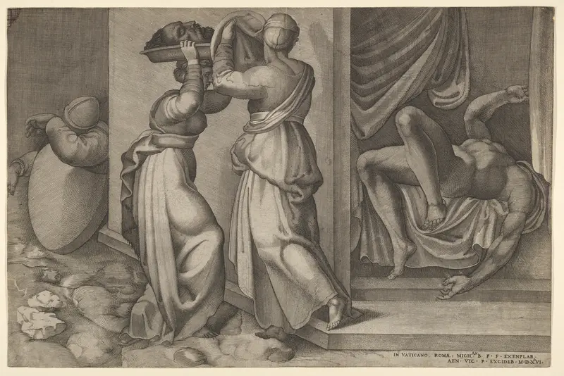 Judith giving the head of Holofernes on a platter, which is about to be covered with a cloth, to her servant, with the foreshortened, naked body of Holofernes at right Wall Art by Enea Vico - High-Resolution Digital Print