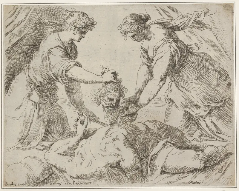 Judith placing the head of Holofernes onto a cloth held by another female figure, the foreshortened body of Holofernes gushes with blood from the neck Wall Art by Jacopo Palma the Younger - High-Resolution Digital Print