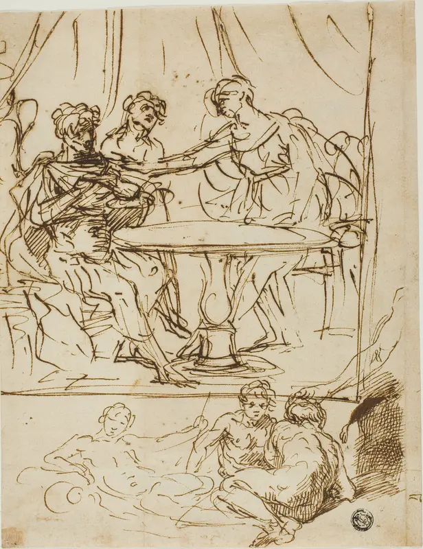 Judith with the Head of Holofernes and Sketches of River Gods (recto); Female Head, Looking Upwards (verso) Wall Art by Simone Cantarini - High-Resolution Digital Print