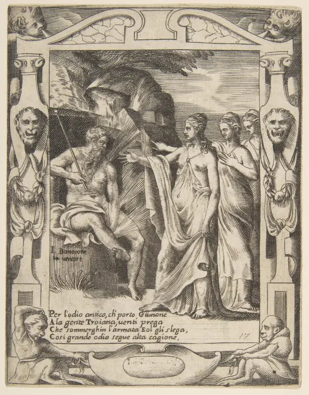 Juno asks Aeolus to raise a storm against the Trojan fleet, set within an elaborate frame, from "Loves, Rages and Jealousies of Juno" Wall Art by Giulio Bonasone - High-Resolution Digital Print