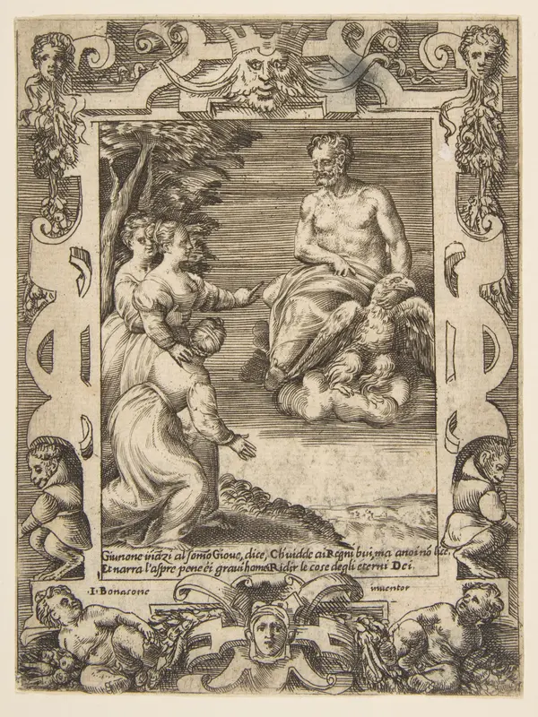Juno at left asks Jupiter to help the Greeks, set within an elaborate frame, from "Loves, Rages and Jealousies of Juno" Wall Art by Giulio Bonasone - High-Resolution Digital Print