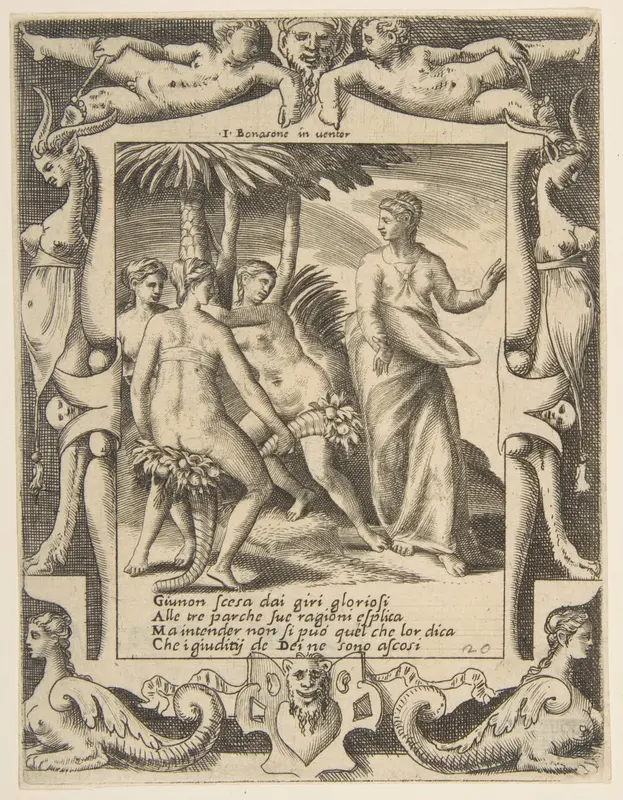 Juno at the right turning and speaking to the Fates, set within an elaborate frame, from "Loves, Rages and Jealousies of Juno" Wall Art by Giulio Bonasone - High-Resolution Digital Print