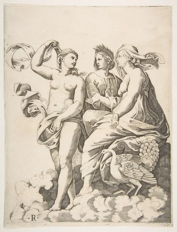 Juno, Ceres, and Psyche in the clouds conversing, Juno seated with a peacock at her feet, Ceres wearing a garland of wheat and Psyche partially naked and holding a cloth