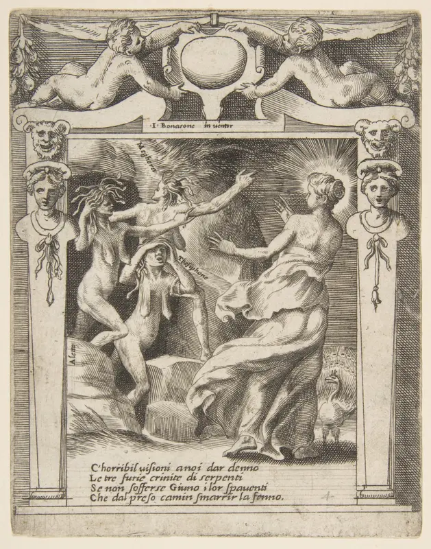 Juno frightened by the Furies, set within a decorative frame, from "Loves, Rages and Jealousies of Juno" Wall Art by Giulio Bonasone - High-Resolution Digital Print