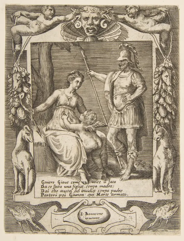 Juno, Mars and Cupid, set within an elaborate frame, from "Loves, Rages and Jealousies of Juno" Wall Art by Giulio Bonasone - High-Resolution Digital Print
