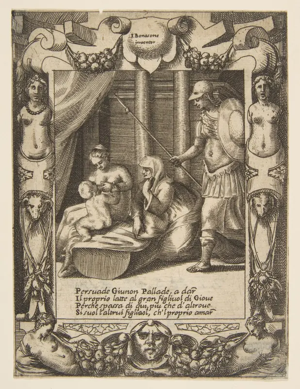 Juno persuading Athena to nurse the young Hercules, set within an elaborate frame, from "Loves, Rages and Jealousies of Juno" Wall Art by Giulio Bonasone - High-Resolution Digital Print