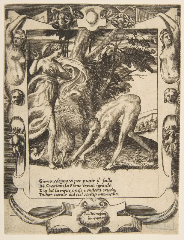Juno sending famine against Crasiton, set within an elaborate frame, from "Loves, Rages and Jealousies of Juno" Wall Art by Giulio Bonasone - High-Resolution Digital Print