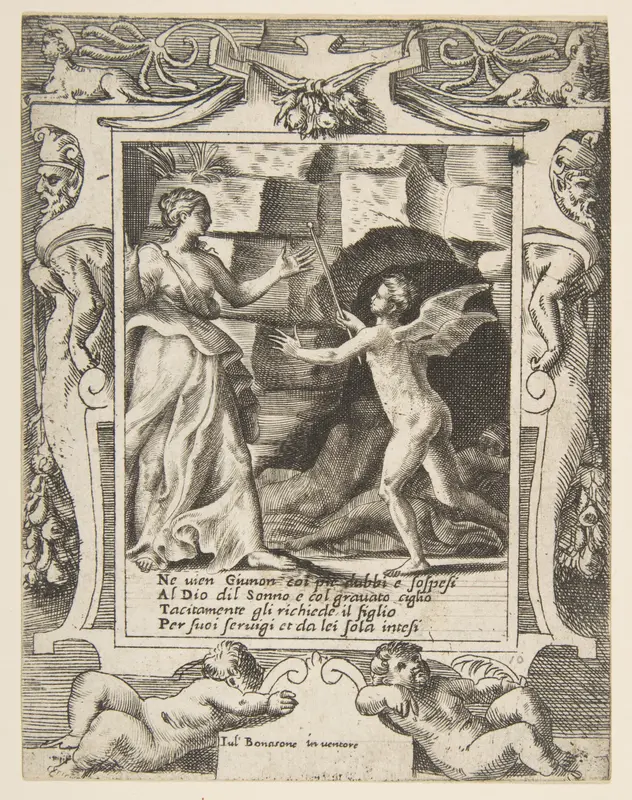 Juno summoning sleep to descend upon Jupiter, set within an elaborate frame, from "Loves, Rages and Jealousies of Juno" Wall Art by Giulio Bonasone - High-Resolution Digital Print