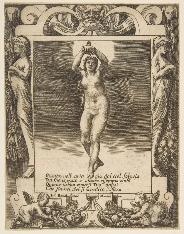 Juno suspended in the air, set within a frame, from "Loves, Rages and Jealousies of Juno" Wall Art by Giulio Bonasone - High-Resolution Digital Print