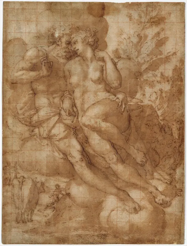 Jupiter and Io (recto); sketch of a male figure stabbing himself in the chest (verso) Wall Art by Francesco Salviati (Francesco de' Rossi) - High-Resolution Digital Print