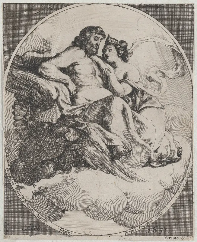 Jupiter and Juno seated on clouds, with an eagle holding thunderbolts below at left Wall Art by Willem Panneels - High-Resolution Digital Print