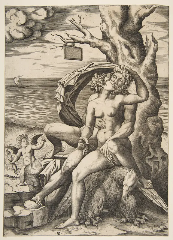 Jupiter and Semele embracing, an eagle beneath them, a tree at right with a blank tablet hanging from a branch, a winged putto holding a thunderbolt at left