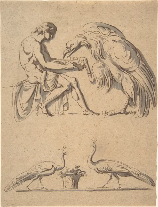 Jupiter, disguised as an eagle, with Ganymede, and a sketch of two peacocks Wall Art by Nicolai Abraham Abildgaard - High-Resolution Digital Print