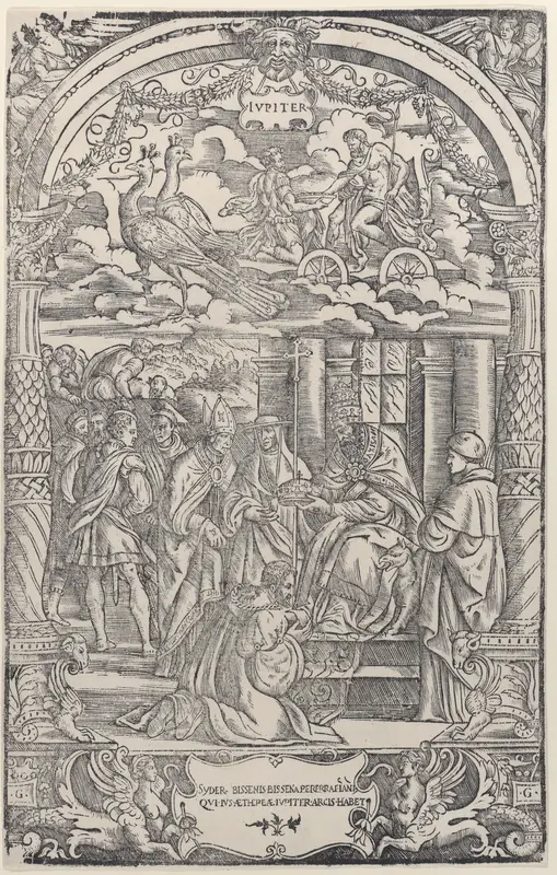 Jupiter in a Chariot Drawn by Two Peacocks above, a king being crowned by a Pope below, from 'The Seven Planets' Wall Art by Girolamo Grandi - High-Resolution Digital Print