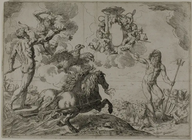 Jupiter, Neptune and Pluto Offering their Crowns to the Arms of Cardinal Borghese Wall Art by Simone Cantarini - High-Resolution Digital Print