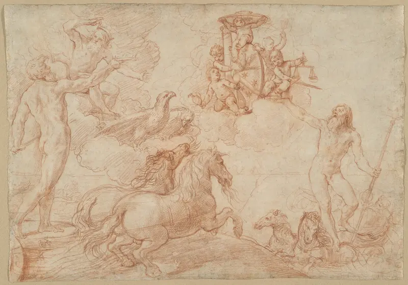 Jupiter, Neptune and Pluto Paying Homage to the Coat of Arms of Cardinal Borghese Wall Art by Simone Cantarini - High-Resolution Digital Print