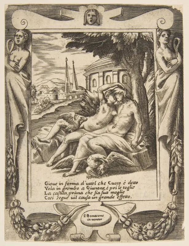 Jupiter tells Juno of his love, set within a frame, from "Loves, Rages and Jealousies of Juno" Wall Art by Giulio Bonasone - High-Resolution Digital Print