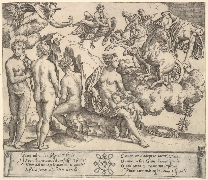 Jupiter tumbling from a horse-drawn carriage at right, Ganymede riding Jupiter's eagle upper center, below Venus and to her right, the three Graces Wall Art by Master of the Die - High-Resolution Digital Print