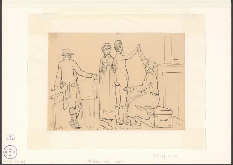 Jurriaan Andriessen bekijkt de vrouw die naakt zal poseren op het vrouwencollege Wall Art by Christiaan Andriessen - High-Resolution Digital Print