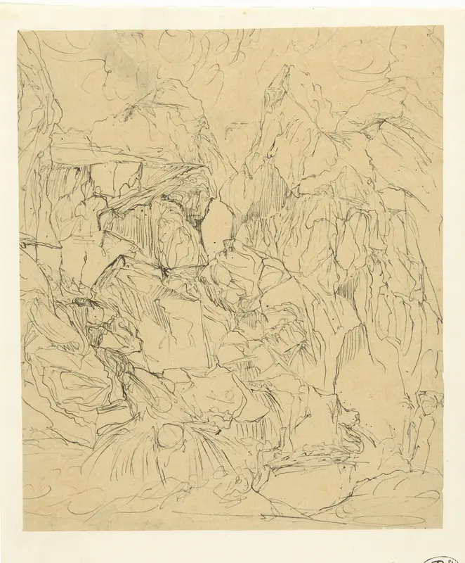 Kaal rotslandschap, op de voorgrond links een waterval Wall Art by Rodolphe Bresdin - High-Resolution Digital Print