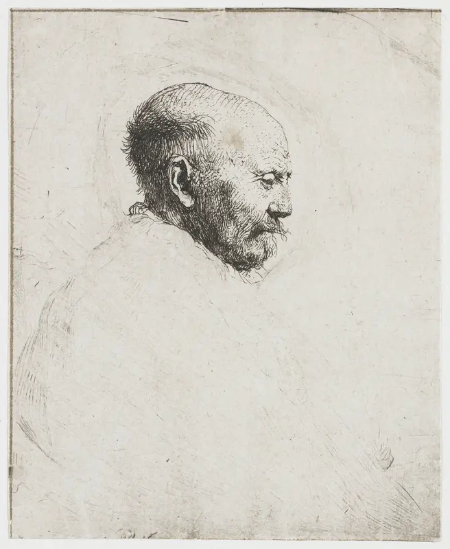 Kaalhoofdige oude man: profiel naar rechts; de vader van Rembrandt (?) Wall Art by Rembrandt van Rijn - High-Resolution Digital Print