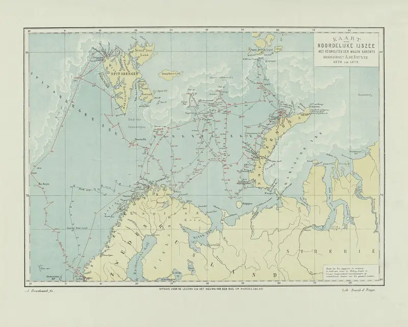 Kaart der Noordelijke IJszee met reisrouten der Willem Barents Kommandant A. de Bruyne 1878 en 1879 Wall Art by Unknown - High-Resolution Digital Print
