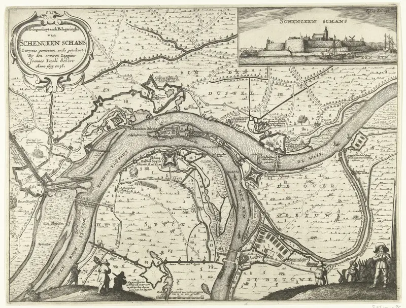 Kaart met beleg en verovering van Schenkenschans door Frederik Hendrik, 1635-1636 Wall Art by Jodocus Janssonius - High-Resolution Digital Print