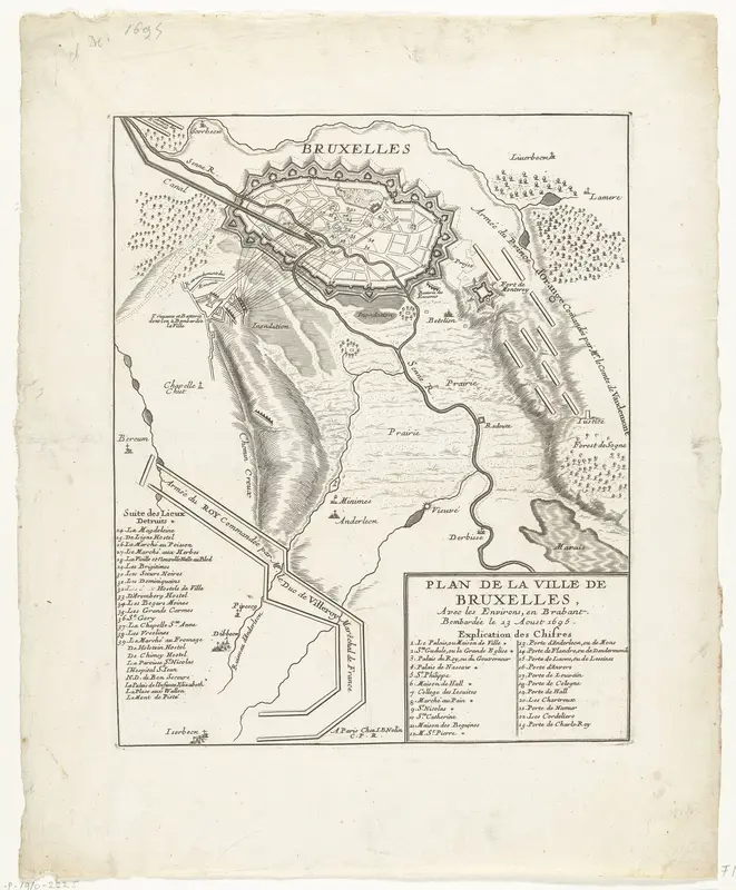 Kaart met de Franse stellingen van waaruit de stad Brussel is gebombardeerd, 1695 Wall Art by anonymous - High-Resolution Digital Print