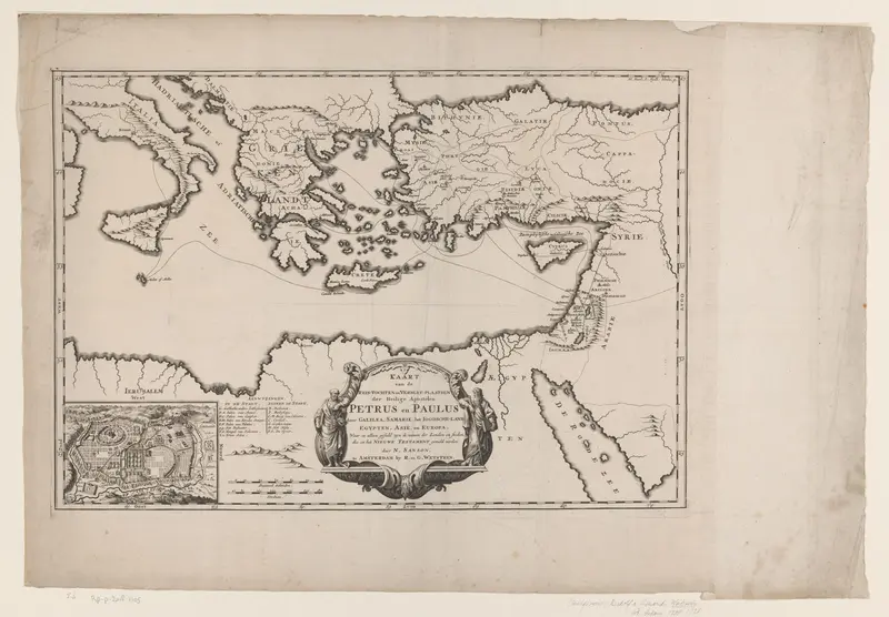 Kaart met de reizen van de apostelen Petrus en Paulus, met een plattegrond van Jeruzalem Wall Art by anonymous - High-Resolution Digital Print