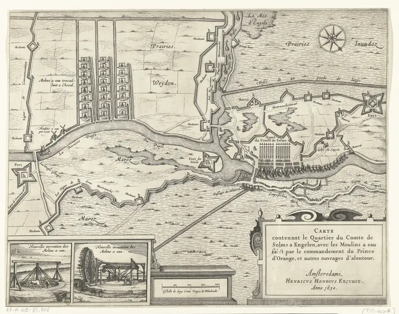 Kaart met de watermolens en het legerkwartier van de graaf van Solms tijdens het beleg van Den Bosch, 1629 Wall Art by anonymous - High-Resolution Digital Print