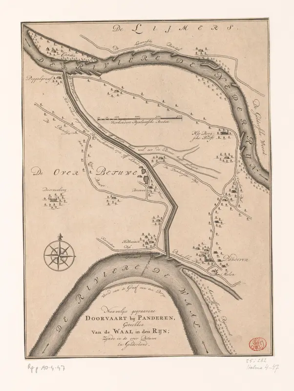 Kaart met het kanaal tussen de Nederrijn en de Waal bij Pannerden Wall Art by anonymous - High-Resolution Digital Print