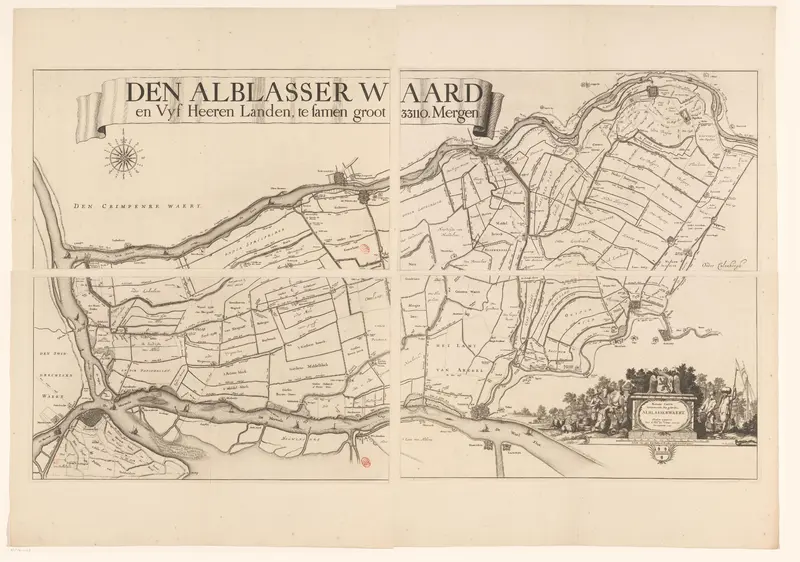 Kaart van de Alblasserwaard en de Vijfheerenlanden, bestaande uit vier delen en een wapenrand Wall Art by Mattheus van Nispen - High-Resolution Digital Print